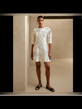 Banana Republic Cream Dress with Black Botanical Line Print